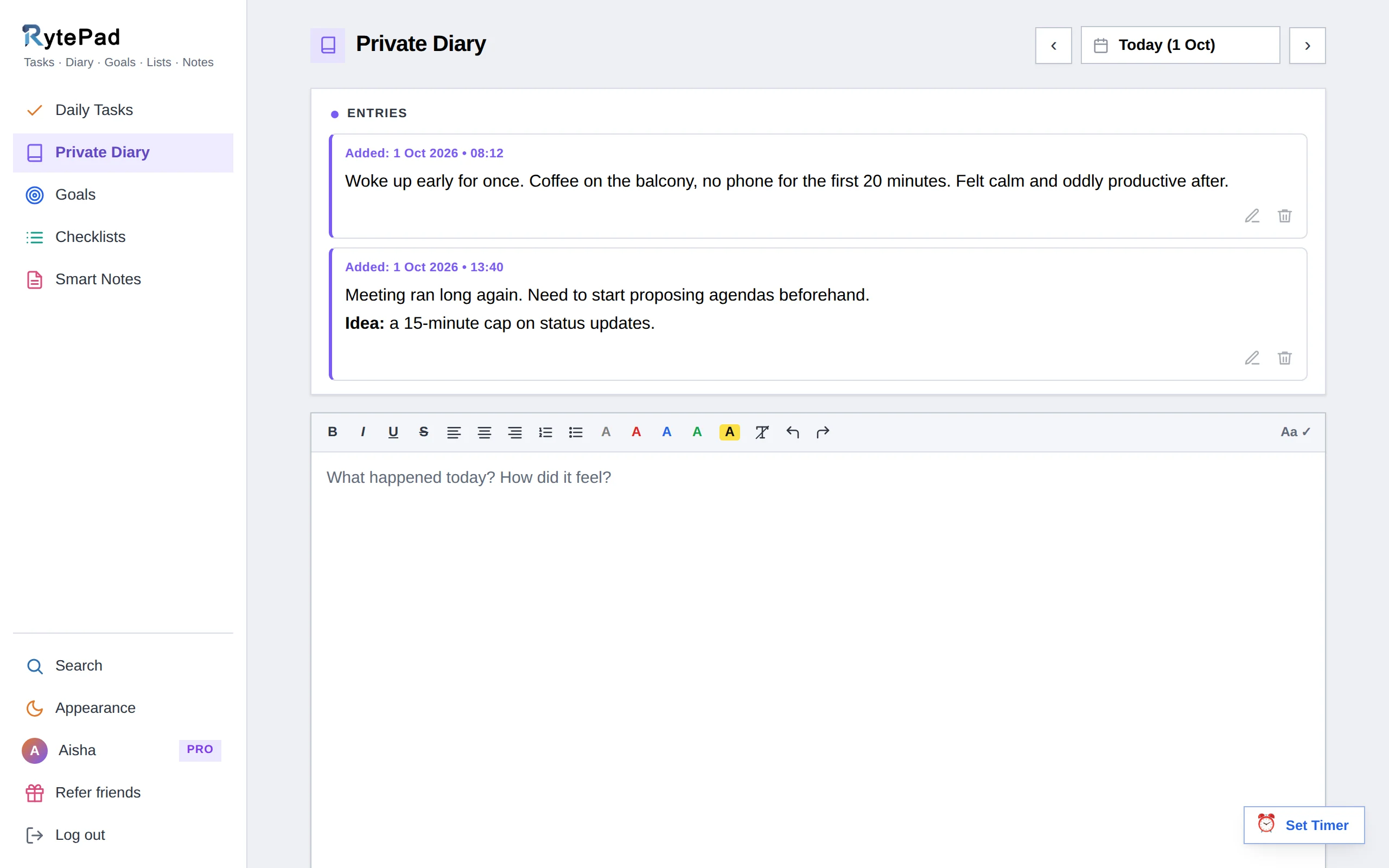 Private diary screen with timestamped entries and a writing box