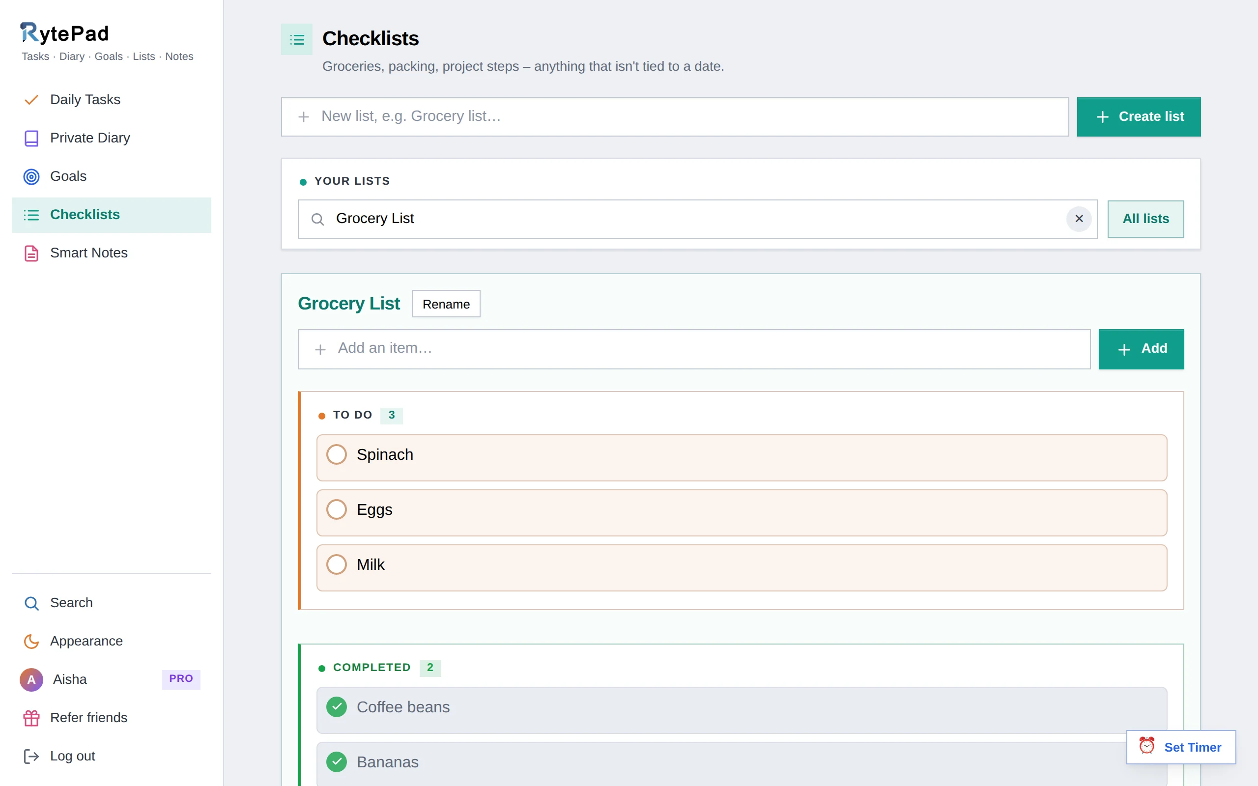 Checklists screen with a grocery list open