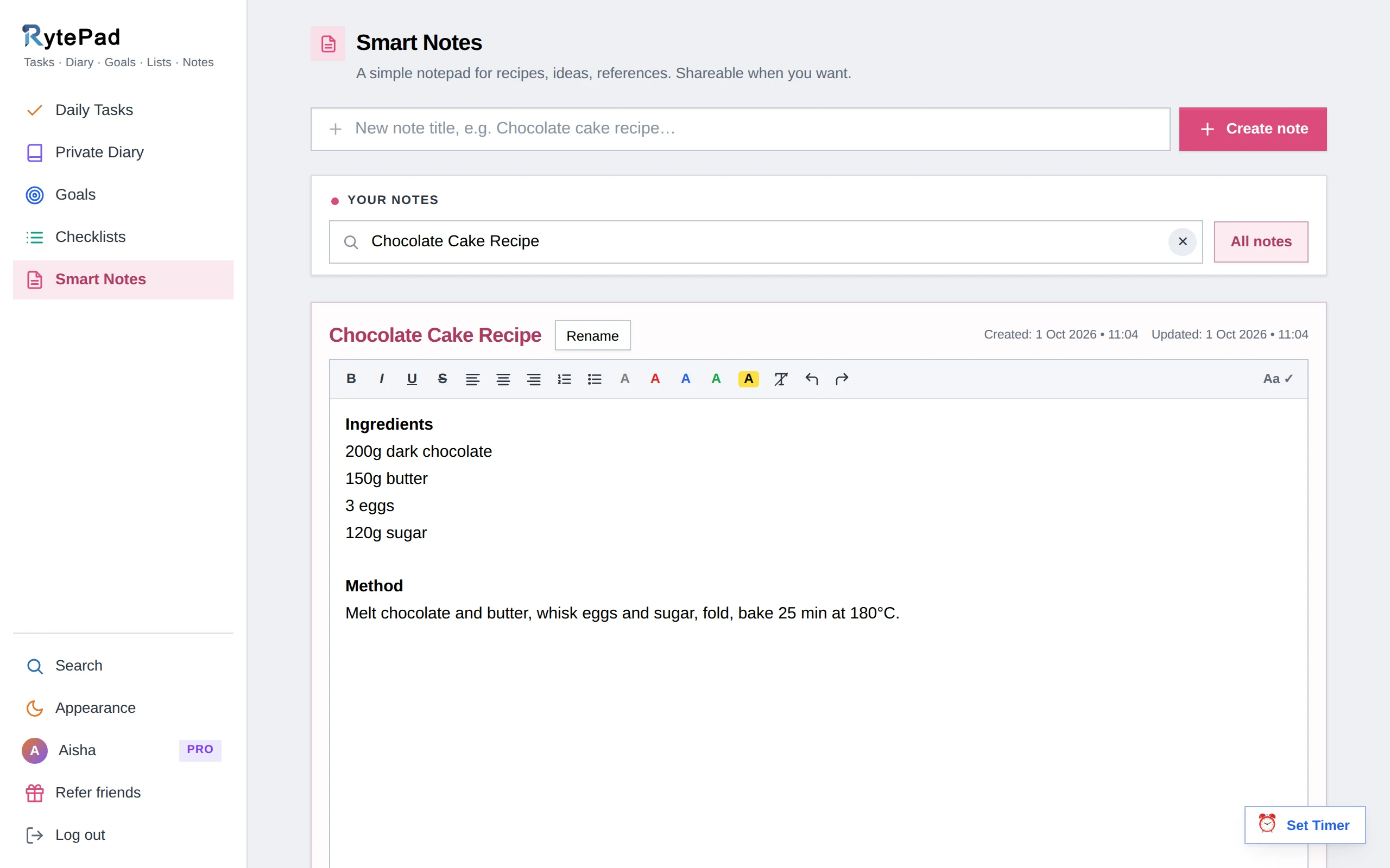 Smart notes screen with a recipe note open in the editor