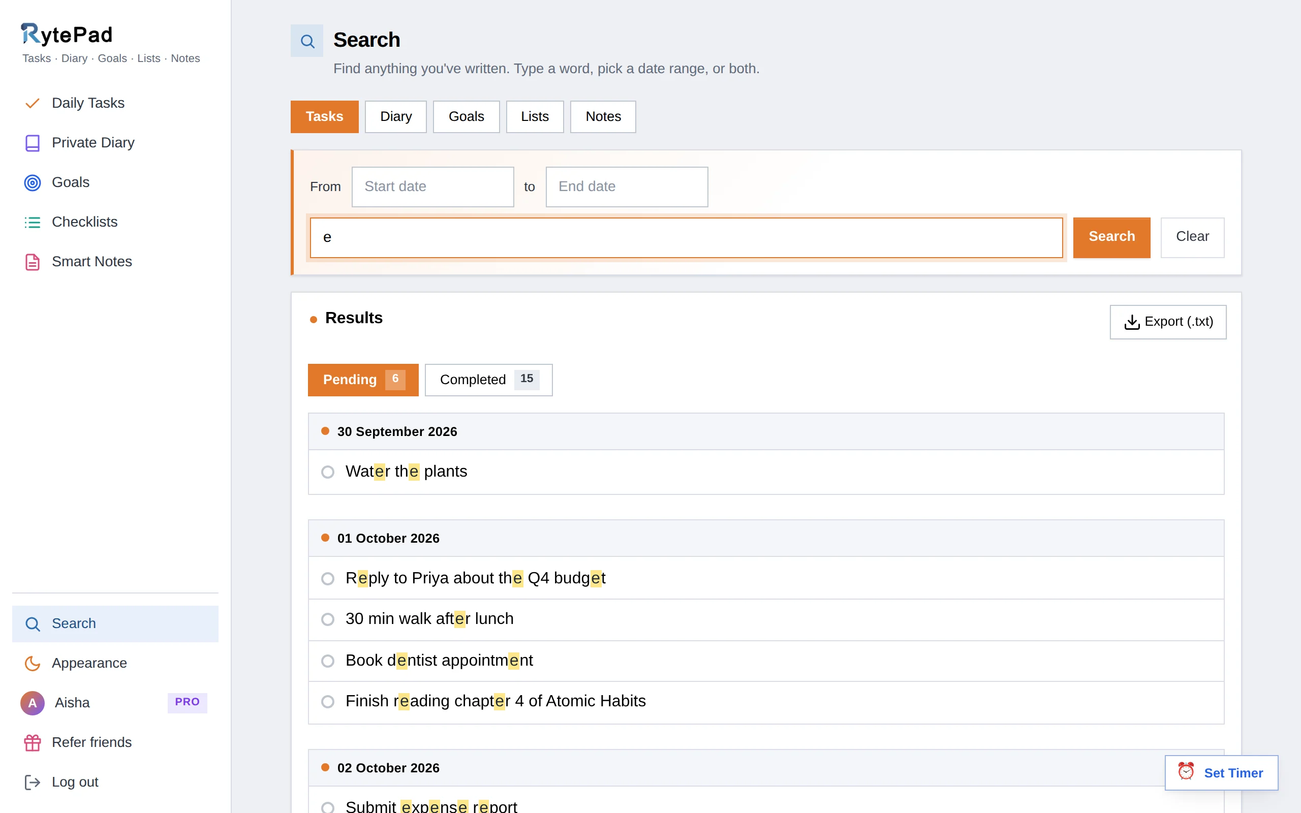 Search screen showing task results grouped by date with pending and completed tabs