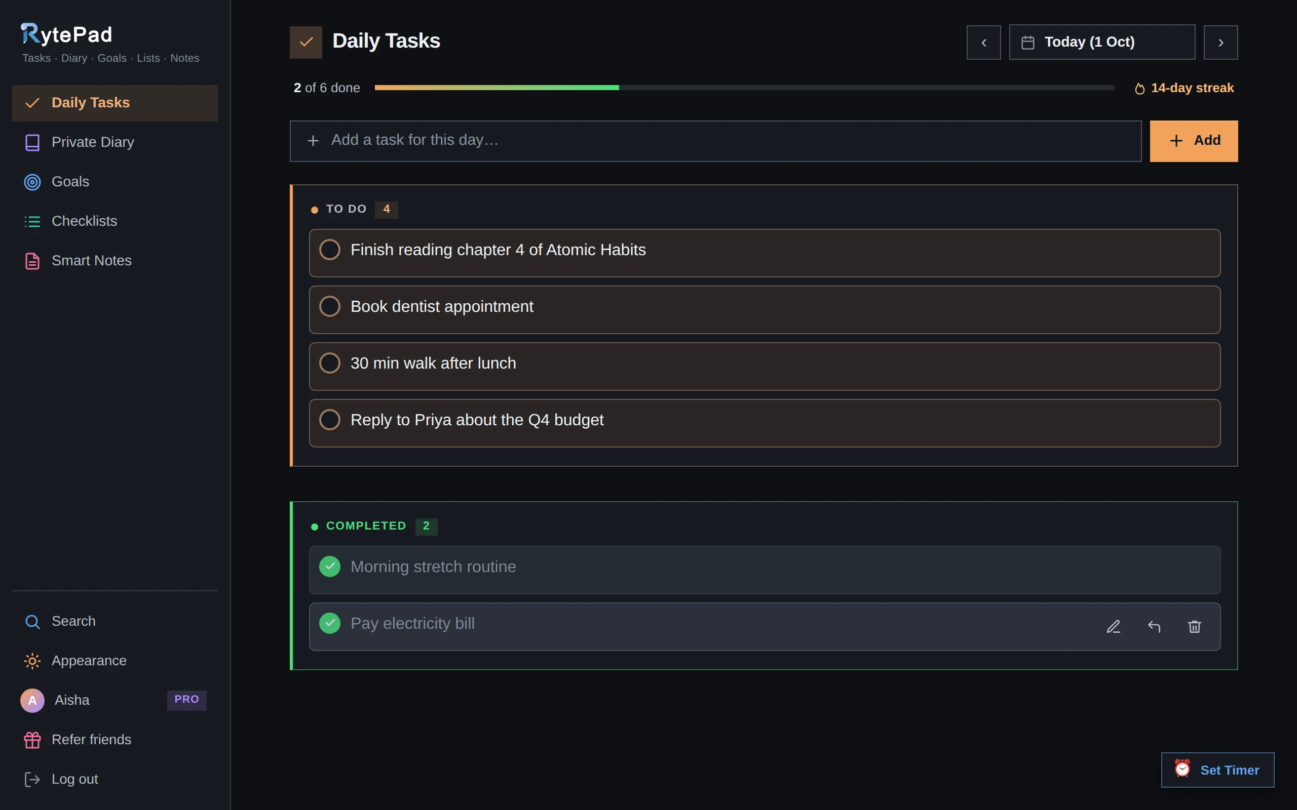 RytePad daily tasks in dark mode