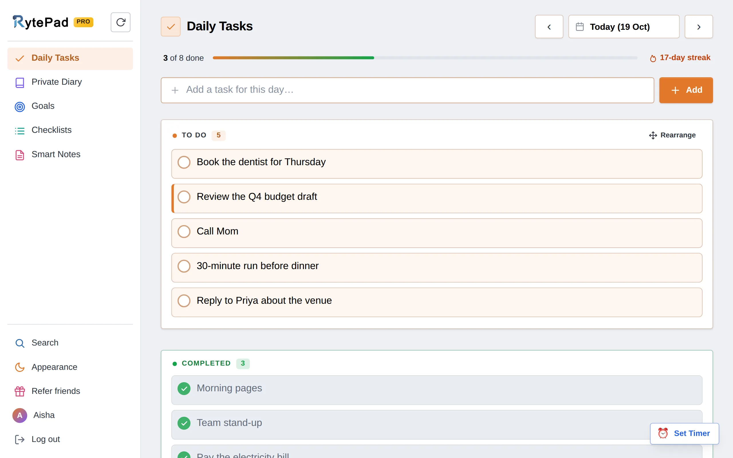 RytePad daily tasks: today's to-do list with a progress bar, a 17-day streak, an important task marked with a coloured edge, and completed tasks below