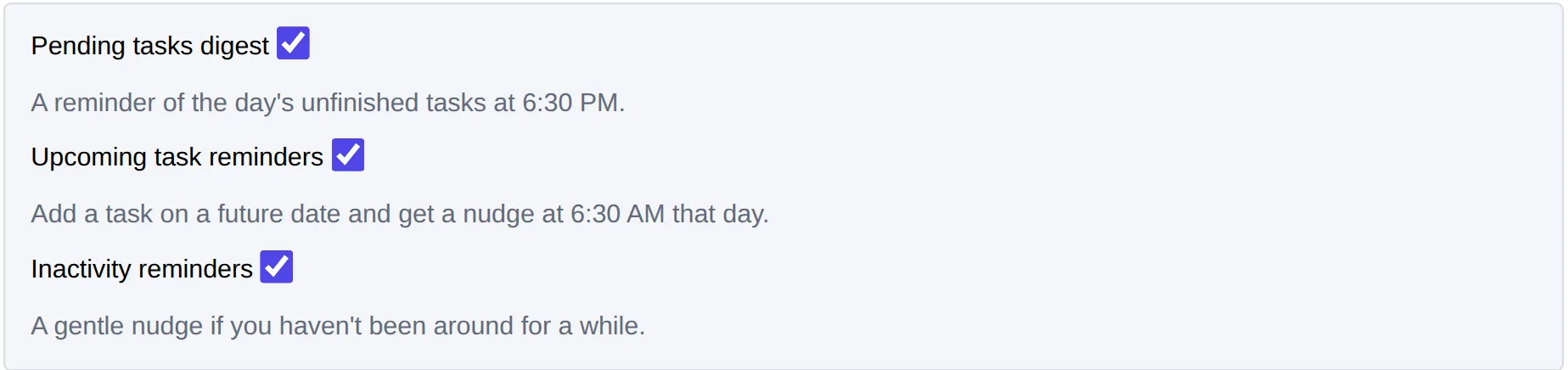 The three email reminder switches: pending tasks digest, upcoming task reminders and inactivity reminders