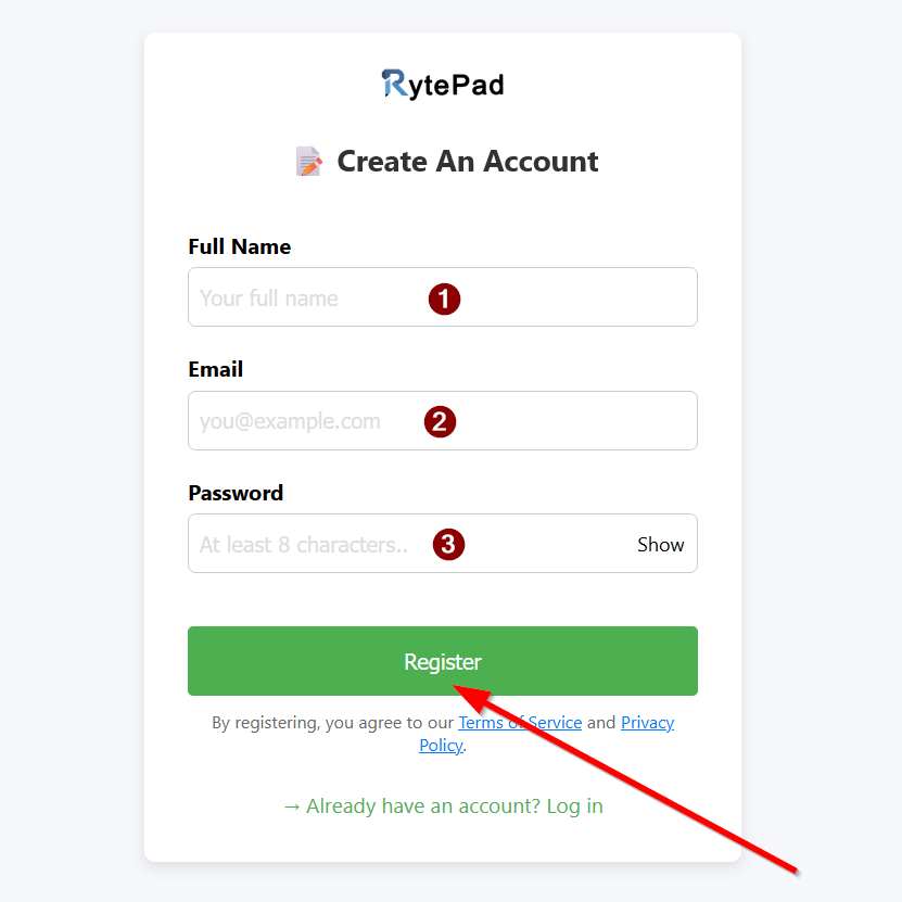 RytePad registration form